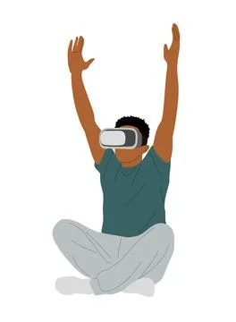 Young man sitting in virtual reality headset. Illustrazione stock