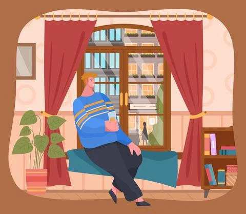 Young man sitting on windowsill at home looking out the window. Spending time at Stock Illustration