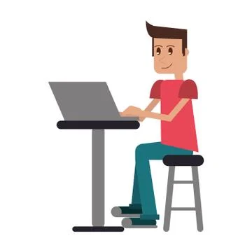 Young man sitting working computer Stock Illustration