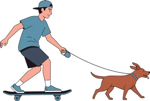 Young man skateboarding while walking a brown dog on a leash, both enjoying a Stock Illustration