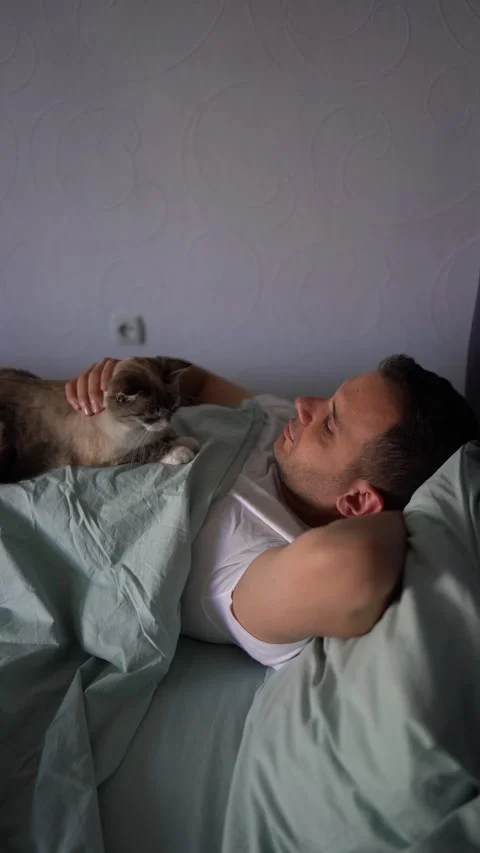 Young man sleeping with a cat on his chest, morning routine Stock-Footage 276379532