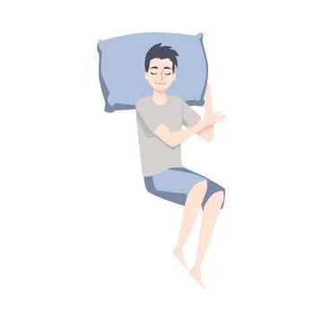 Young man sleeping in pose on back, lying in comfortable posture on pillow. Stock Illustration