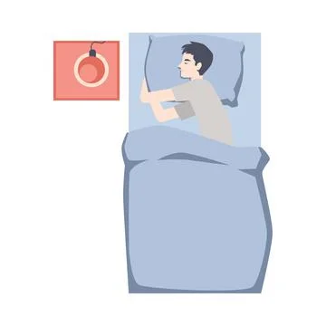 Young man sleeping pose on side on pillow under blanket in cozy bed. Stock Illustration
