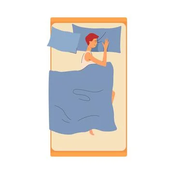 Young man sleeping restful in bed, flat vector illustration isolated on white. Stock Illustration