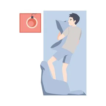 Young man sleeps in a comfortable position on his stomach hugging a pillow. Stock Illustration