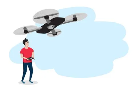 A young man with a smile controls a quadrocopter or drone. Vector illustratio Stock Illustration