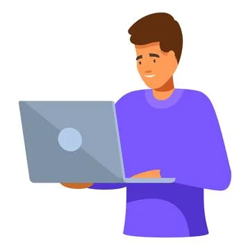 Young man smiling and working on laptop computer Stock Illustration