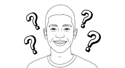 Young Man Smiling with Question Marks, Concept of Doubt or Curiosity, Black.. Stock Illustration