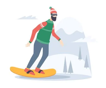 Young man snowboarding on the background of snow capped mountain. Stock Illustration