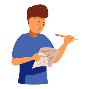 Young man solving crossword puzzle with pencil, concentrated student engaging Stock Illustration
