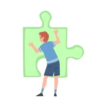 Young Man Solving Jigsaw Puzzle, Guy Trying to Connect Big Green Puzzle Element Stock Illustration