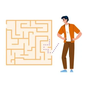 Young man solving maze puzzle, finding solution and planning strategy 스톡 일러스트