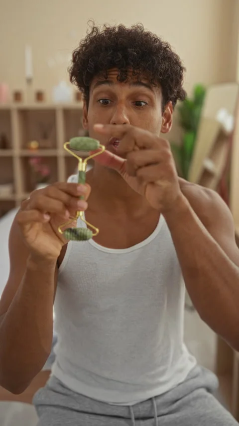 Young man in a spa using a facial roller while looking amused indoors Vídeos de archivo 292129834