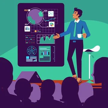 Young man as a speaker, giving presentation on stage in front of people with Stock Illustration