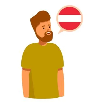 Young man speaking austrian, austrian flag inside speech bubble, learning and Stock Illustration