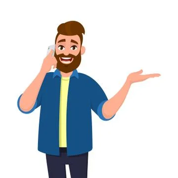 Young man is speaking on the mobile or cell phone and showing hand side away. Stock Illustration