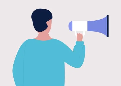 Young man speaks into a megaphone Stock Illustration