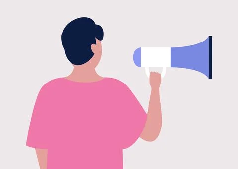 Young man speaks into a megaphone Stock Illustration