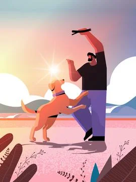 Young man spending time with dog male owner and cute domestic animal having fun Stock Illustration