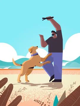 Young man spending time with dog male owner and cute domestic animal having fun Illustrazione stock