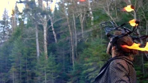 Young man spitting fire during jamming Stock Footage 145014287