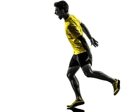 Young man sprinter runner running muscle strain cramp silhouette Stock Photos