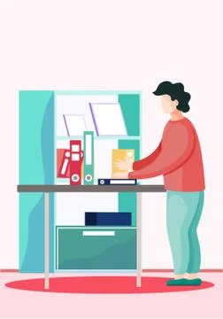 Young man with a stack of books is standing at a table and bookcase in a room Stock Illustration