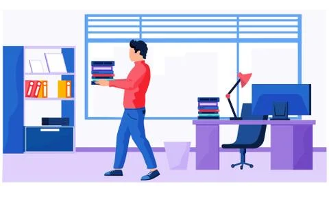 Young man with a stack of books is walking in a room with computer table and 스톡 일러스트