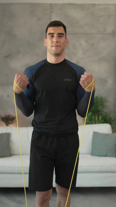 Young man stand and exercise with rubber resistance elastic band Stock-Footage 278333082