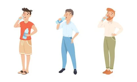 Young Man Standing and Drinking Pure Still Water from Plastic Bottle Quenching Stock Illustration