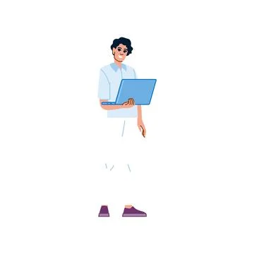 Young man standing and holding a laptop, smiling and looking forward Stock Illustration