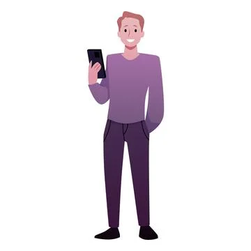 Young man standing and looking at smartphone, vector male using mobile gadget Illustrazione stock