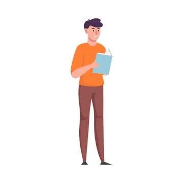Young man standing and reading a book with the blue cover. Vector illustration Stock Illustration