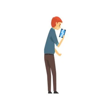 Young Man Standing and Using Digital Tablet PC Vector Illustration Illustrazione stock