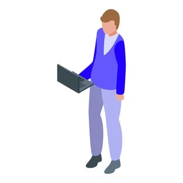 Young man standing and working on his laptop, isometric illustration Stock Illustration