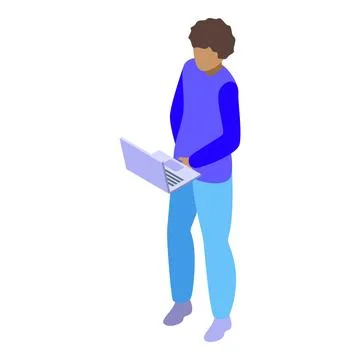 Young man standing and working on laptop isometric icon Stock Illustration
