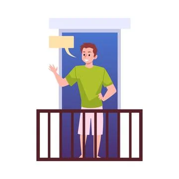 Young man standing on balcony with empty speech bubble, flat vector illustration Illustrazione stock