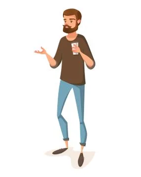 A young man is standing with coffee and discussing something. Illustrazione stock