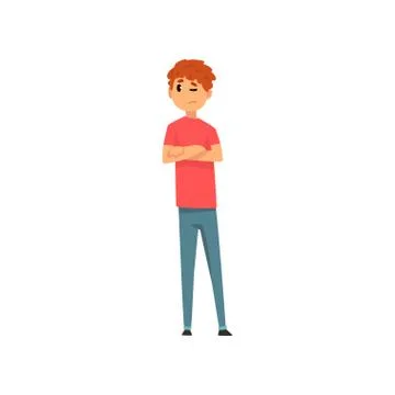 Young man standing with folded hands and looking at something vector Stock Illustration