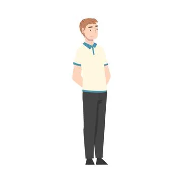 Young Man Standing with Hands Behind His Back and Waiting Cartoon Style Vector イラスト素材
