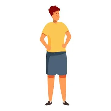 Young man standing with hands on hips looking up and thinking Stockillustratie