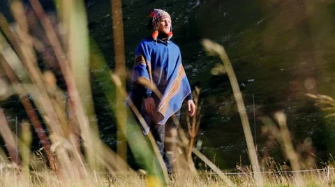 Young man standing in nature scenery. wind breeze. mediation recreation activity Stock Footage 64800892