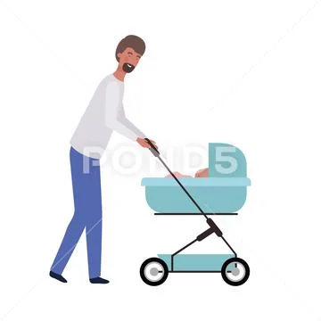 Young man standing with newborn baby in the pram Stock Illustration