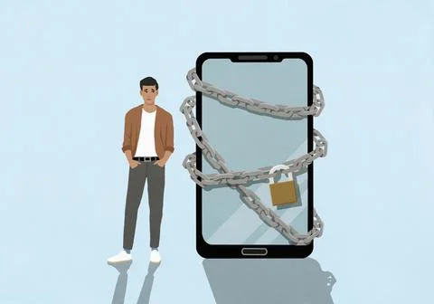 Young man standing next to large padlocked smart phone Stock-Illustration