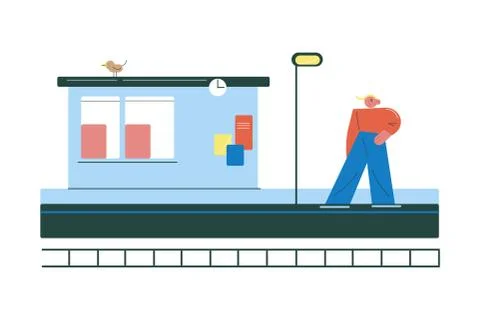 Young man standing on platform and waiting for coming train Stock Illustration