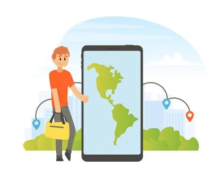 Young man standing on roadside and hitchhiking, using phone navigator route Stock Illustration