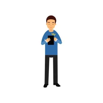 Young man standing with a tablet, man using electronic device vector Illustrazione stock
