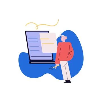 Young man standing with tablet screen working as web designer Stock Illustration