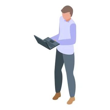 Young man standing is using laptop computer for work on internet Stock Illustration