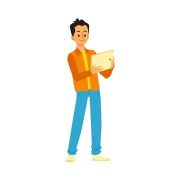 Young man standing using tablet, flat vector illustration isolated on white. Stock Illustration